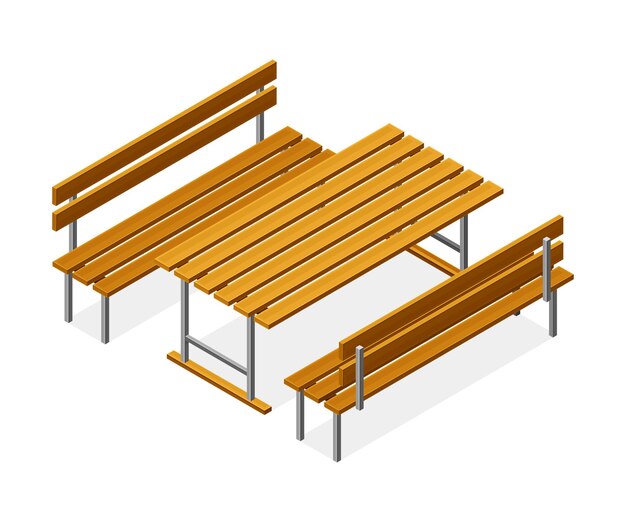 Bancos de madera y mesa como lugar de picnic Ilustración vectorial isométrica