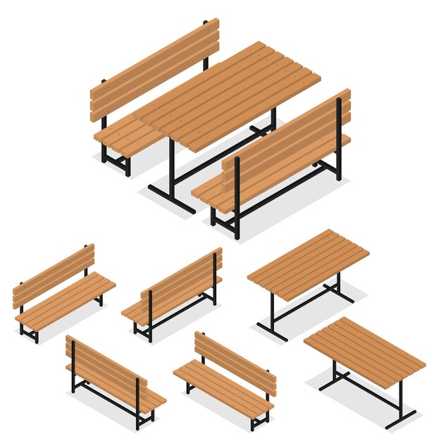 Bancos y mesa. Isométrica plana. Un lugar para el descanso, la relajación y el picnic. El elemento del parque o arboleda. Banco y mesa de madera. El lugar para encontrarse con amigos. Ilustración vectorial.