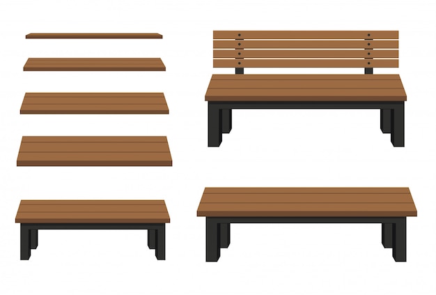 Bancos sobre fondo blanco. Ilustración construcción de madera.