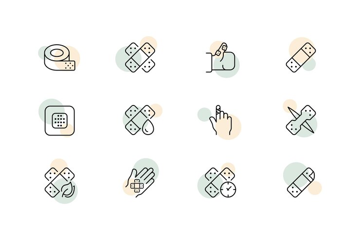 Band aids set icon Madeja de yeso adhesivo herida abrasión corte hematoma venda dedo tiempo reloj hoja eco amigable Concepto de salud Icono de línea vectorial para negocios y publicidad