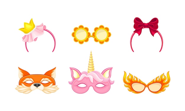 Banda para la cabeza de carnaval o fiesta y máscaras con Unicornio y Fox Muzzle Vector Set
