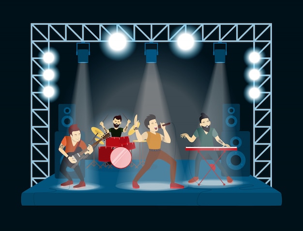 Banda en concierto. Cantantes de rock y músicos.
