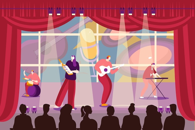 Vector banda de gente tocando música en el escenario vector ilustración dibujos animados hombre mujer personaje músicos en