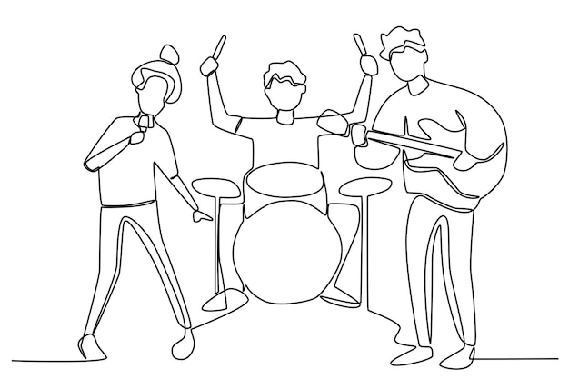 Vector una banda de grupo cantando juntos dibujo de una línea de banda de música