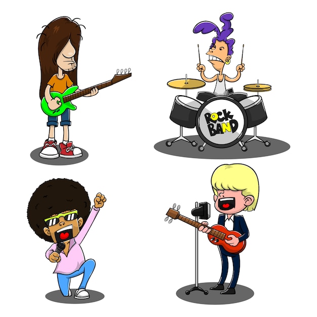 Vector la banda del grupo toca instrumentos musicales como guitarras bajas, batería, guitarras eléctricas y dibujos animados de micrófonos.