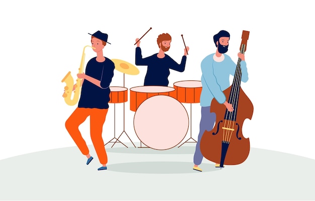 Banda de música baterista saxofonista y guitarrista Vector personajes estilizados