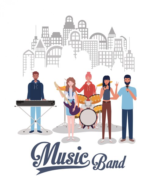 Banda de música de grupo tocando personajes de instrumentos