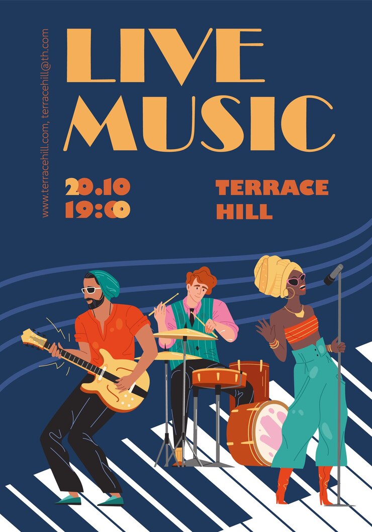 banda de música de personajes, jazz, rock, blues, elegante banner, cartel, web, concepto en línea