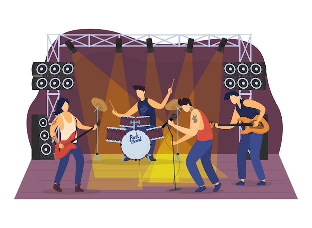 Vector la banda de música rock da conciertos a un grupo de amigos juntos interpretan melodías duras y bailan aislados en ilustraciones vectoriales planas blancas