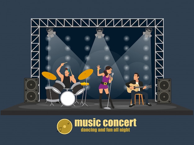 Vector banda de música rock pop escena profesional concierto. grupo de jóvenes creativos que tocan instrumentos de rendimiento impresionante.