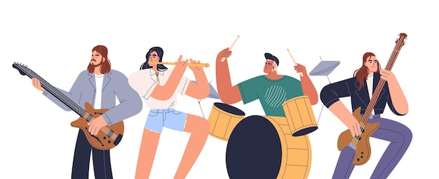 Banda de música tocando instrumentos. Grupo de rock con hombres, mujeres músicos tocando guitarra, tambor, flauta. Actuación del equipo de instrumentistas modernos. Ilustración de vector plano aislado sobre fondo blanco.
