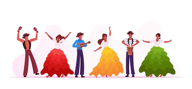 Vector banda de músicos del carnaval de río y bailarinas de niñas aisladas sobre fondo blanco. hombres jóvenes tocando la batería y el ukelele en el festival tradicional en brasil. ilustración de vector plano de dibujos animados de rendimiento de artistas