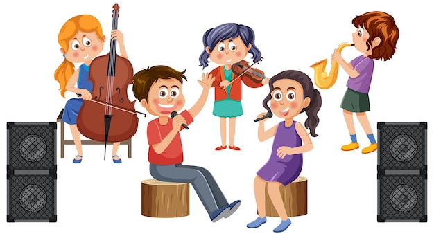 Vector banda de orquesta con niños tocando instrumentos musicales