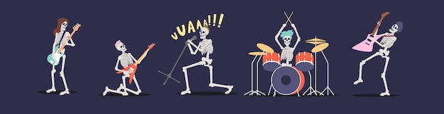 Banda de rock de esqueletos cantando, tocando guitarras eléctricas y batería. grupo de músicos para fiesta de halloween. artistas de punk rock de músicos de calaveras de dibujos animados. ilustración vectorial plana