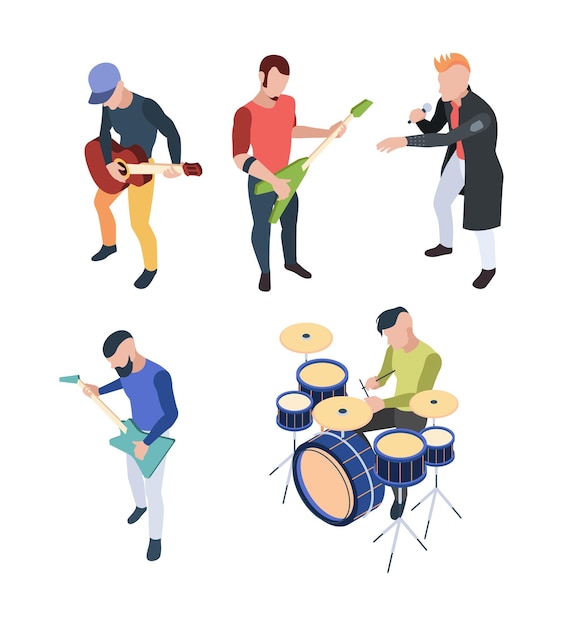 Banda de rock. Músico isométrico personas con instrumentos guitarras tambor y micrófono vector personajes de concierto de rock