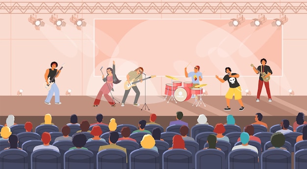 Banda de rock realizando concierto en la ilustración de vector de escenario