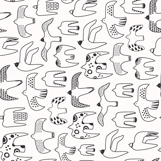 Bandada dibujada a mano de pájaros voladores Patrón transparente de vector de contorno blanco y negro