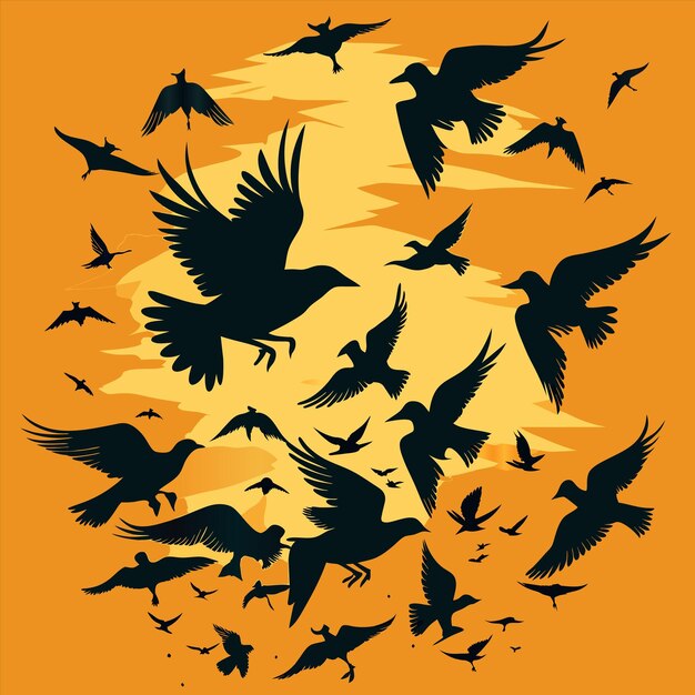una bandada de pájaros en un círculo con un fondo amarillo