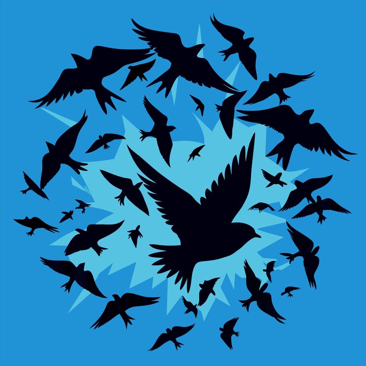 Vector una bandada de pájaros en un círculo con un fondo azul con un pájaro volando en el cielo