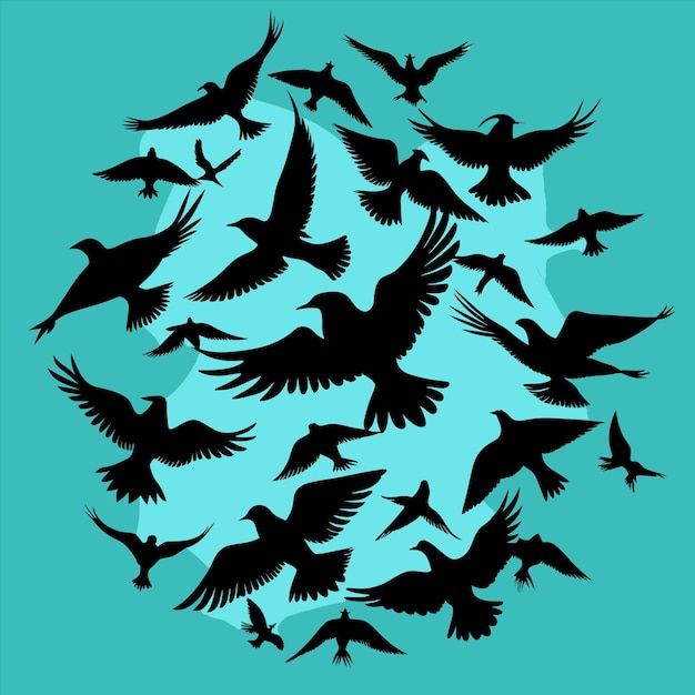 una bandada de pájaros en un círculo con un fondo azul