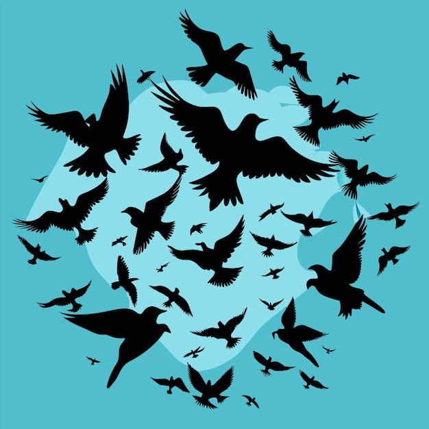 una bandada de pájaros en un círculo con un fondo azul