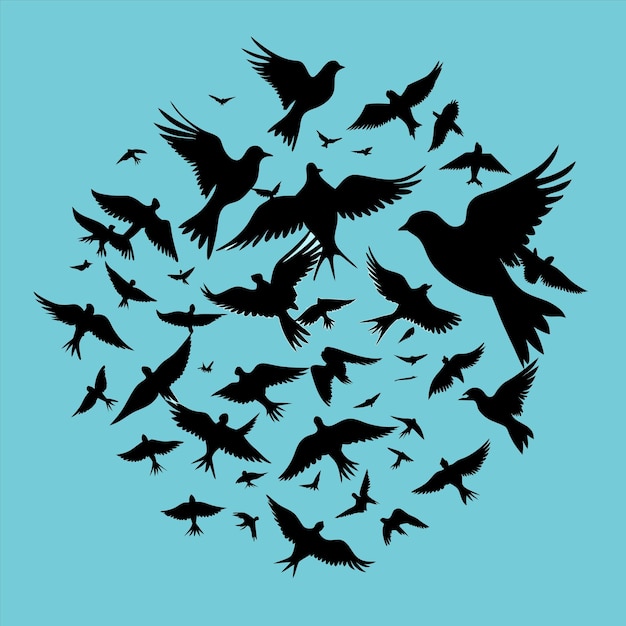 una bandada de pájaros en un círculo con un fondo azul