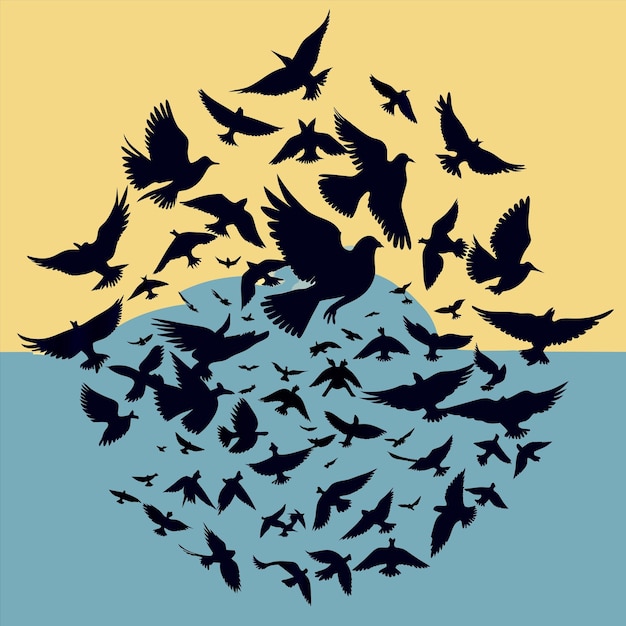 una bandada de pájaros volando en el cielo con un fondo amarillo