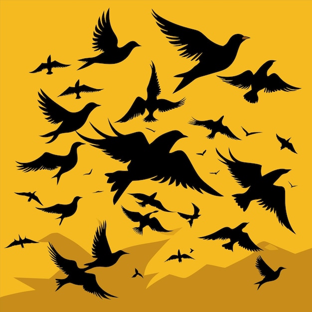 una bandada de pájaros volando en un cielo con montañas en el fondo
