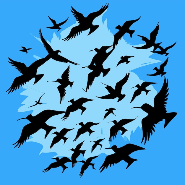 una bandada de pájaros volando en un círculo con un cielo azul en el fondo