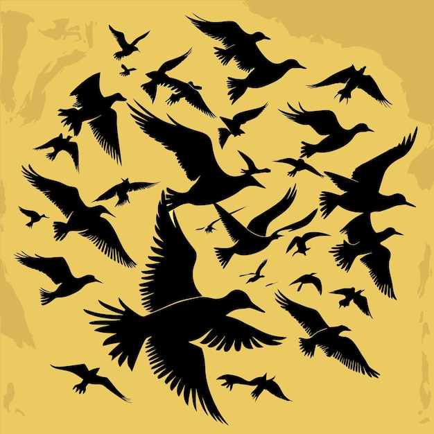 una bandada de pájaros volando en un círculo con un fondo amarillo