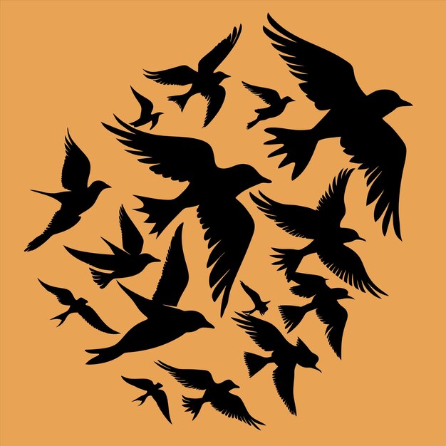 una bandada de pájaros volando en un círculo con un fondo amarillo