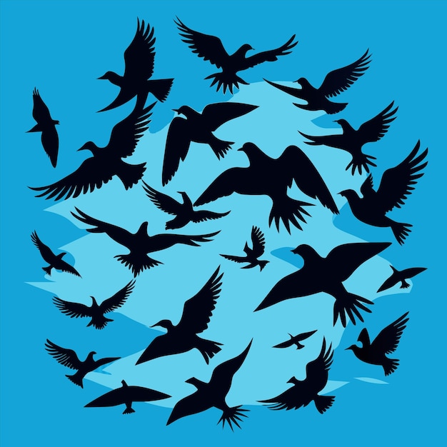 una bandada de pájaros volando en un círculo con un fondo azul