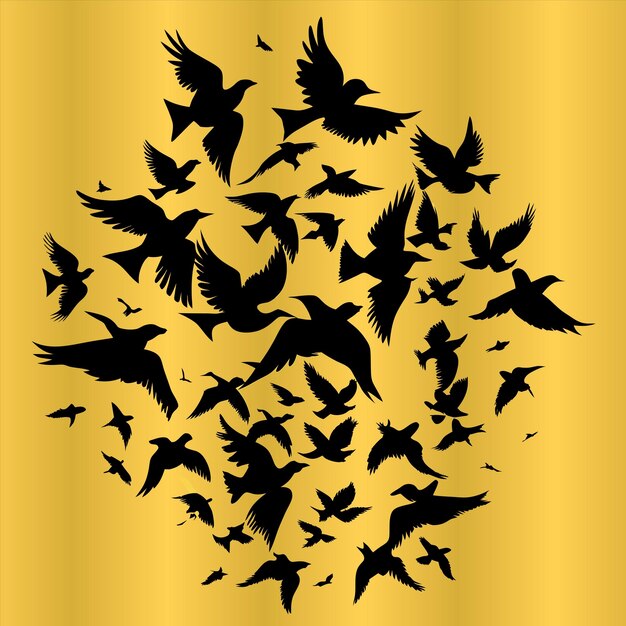 una bandada de pájaros volando en un círculo con un fondo dorado