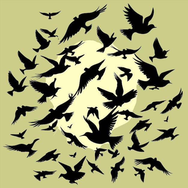 una bandada de pájaros volando en un círculo con un fondo verde