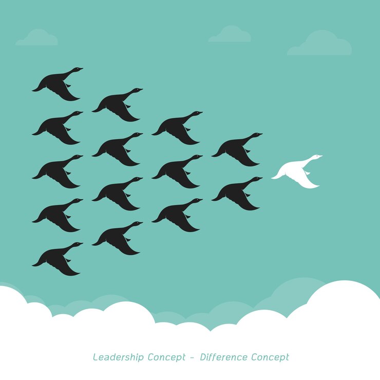 Vector bandada de patos volando en el cielo concepto de liderazgo y concepto de diferencia pato salvaje