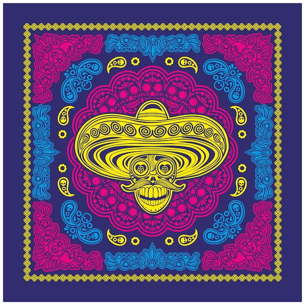 Bandana con calavera de azúcar mexicana y camisetas de diseño vintage paisley