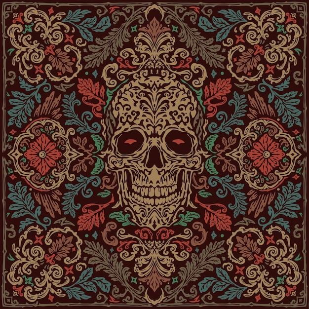 Bandana damasco vintage dibujado a mano y estampado floral de calavera de azúcar