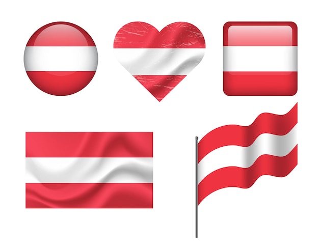 Bandeira de Austria conjunto de iconos Bandeira vectorial de Austria símbolo Conjunto de banderas austriacas botón corazón ondeado