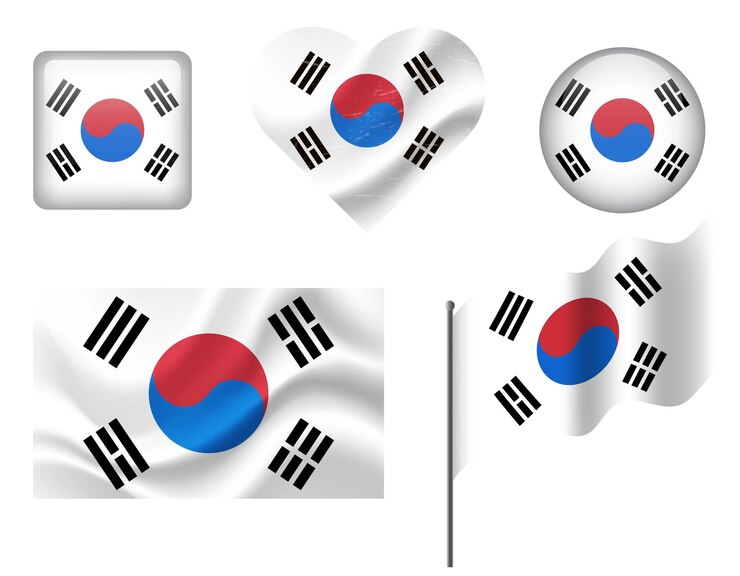 Vector bandeira de corea del sur conjunto de iconos bandeira vectorial del símbolo de korea del sur conjunto de banderas coreanas botón corazón ondeado