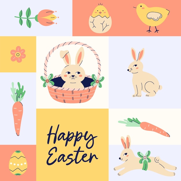Bandeira cuadrada de Pascua feliz con liebres un diseño de pollo y flores con texto feliz Pascua dibujado a mano