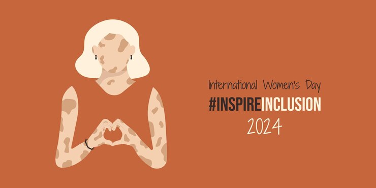 Bandeira del Día Internacional de la Mujer Inspire Inclusion Ilustración minimalista con el eslogan InspireInclusion y una niña con vitiligo o despigmentación de la piel Mujer dobla las manos con el corazón para el IWD 2024