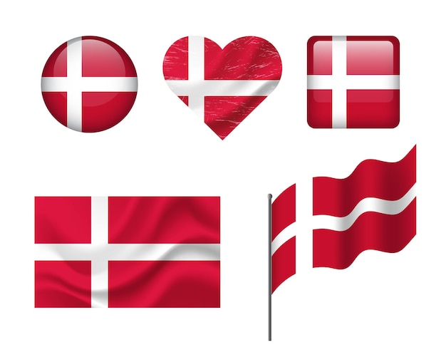 Bandeira de Dinamarca conjunto de iconos Bandeira vectorial de Dinamarca símbolo Conjunto de banderas de Dinamarca botón corazón ondeado