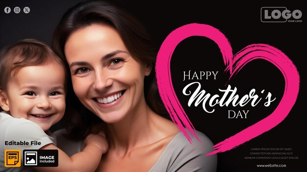 Bandeira de Feliz Día de la Madre con ilustración de la Madre y el Niño texto de Feliz Dia de la Madre en corazón rosa