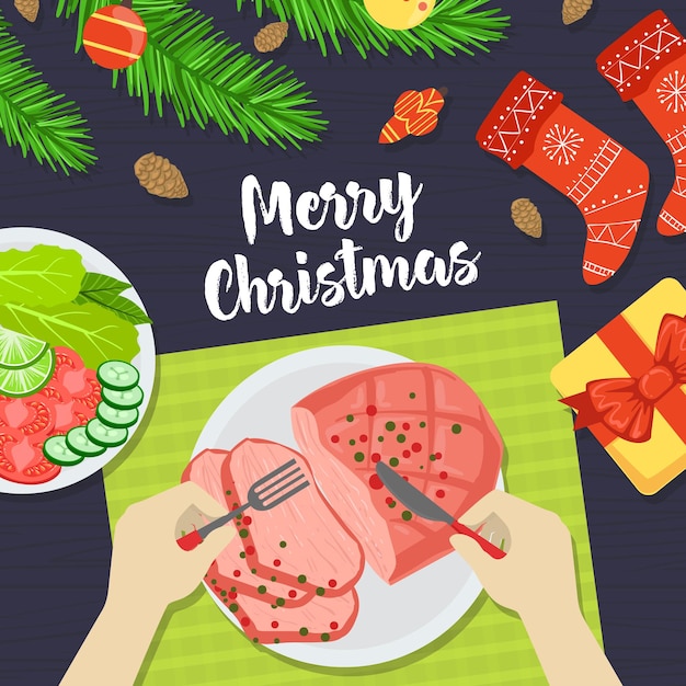 Vector bandeira de feliz navidad persona comiendo una cena festiva con tenedor y cuchillo vista desde arriba ilustración vectorial plana