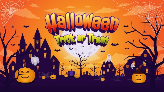 Bandeira de Halloween feliz o fondo de invitación de fiesta con efecto de texto e íconos de Halloween