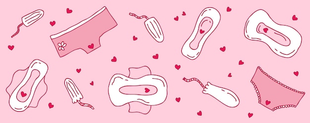 Bandeira horizontal de garabateo del período menstrual femenino Concepto de protección de la higiene íntima Ilustración vectorial dibujada a mano