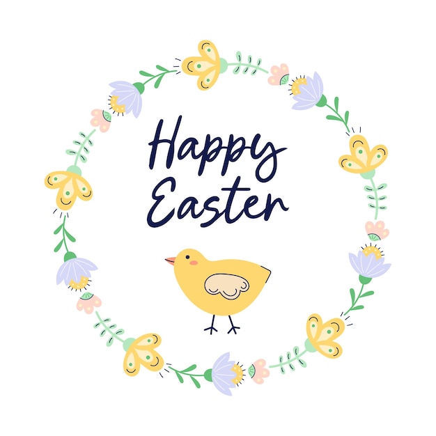 Bandeira redonda de Feliz Pascua con pollo y diseño de marco de flores con texto de feliz Pascua dibujado a mano