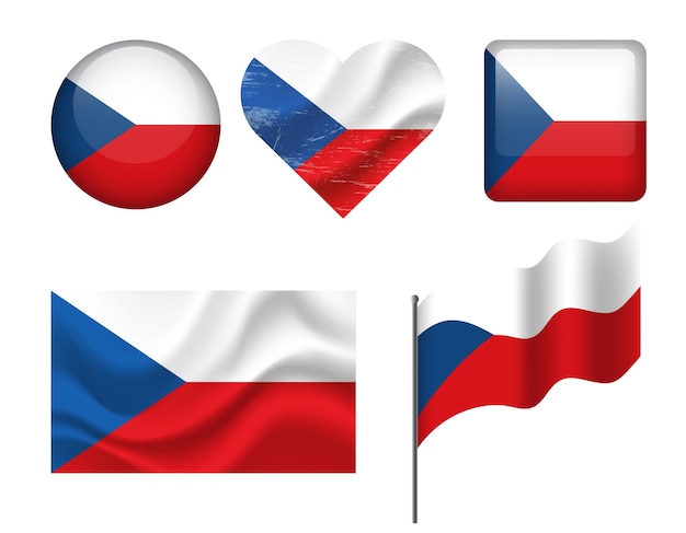 Bandeira de la República Checa conjunto de íconos Bandeira vectorial del símbolo checo Conjunto de banderas checas botón corazón ondeado