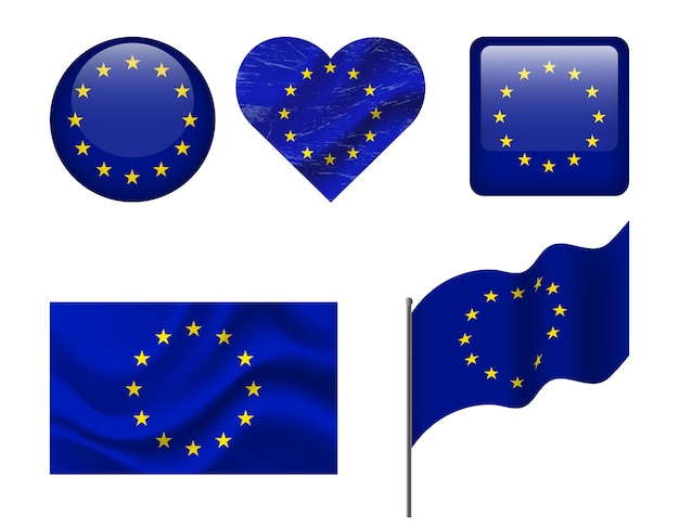 Bandeira de la Unión Europea conjunto de iconos Bandeira vectorial del símbolo de la UE Conjunto de banderas de Europa botón corazón ondeado