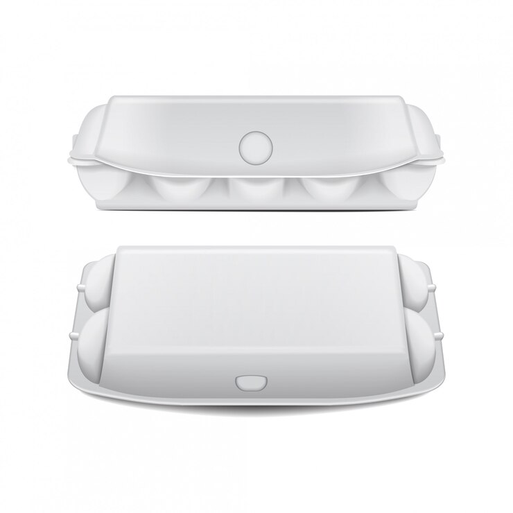 Vector bandeja de caja para huevos maqueta plantilla vectorial, contenedores de concha vacíos blancos.